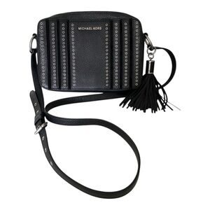 Michael Kors Black Leather Crossbody Bag Silver Studded Grommets with Tassel